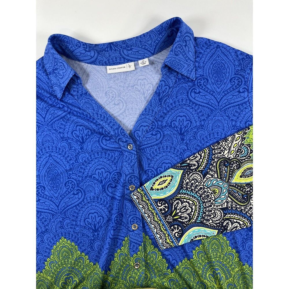 Susan Graver Women's‎ Button Up Top Size 2X Multicolor Liquid Knit Blue Green